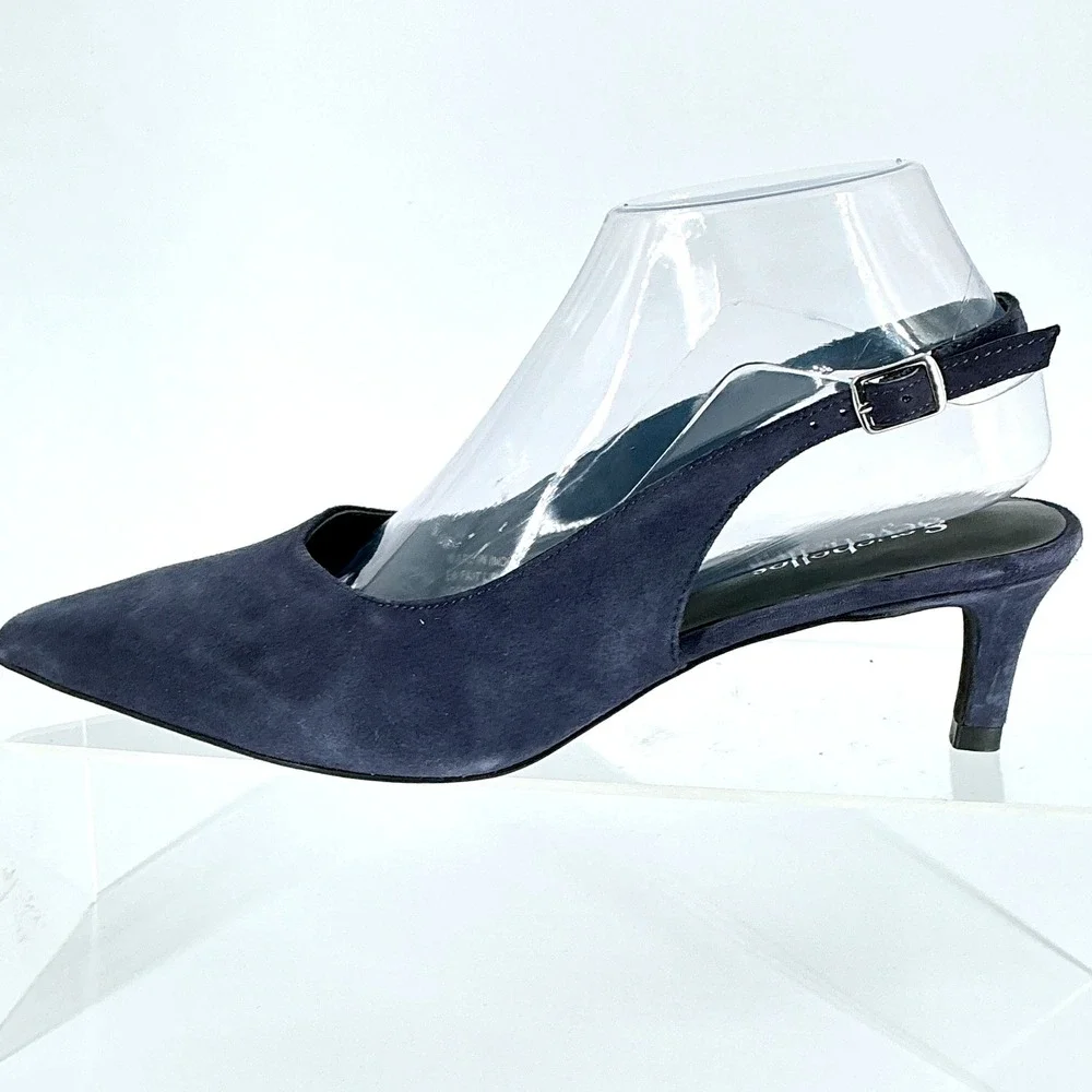Seychelles Size 7 Navy Blue Suede Slingback Kitten Heels Pointed Toe Candlelight